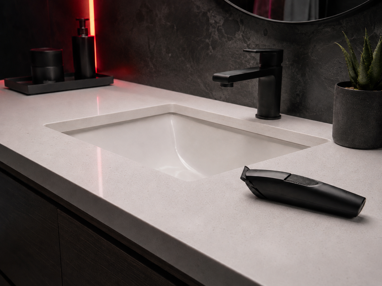 The same bathroom counter clean after wiping