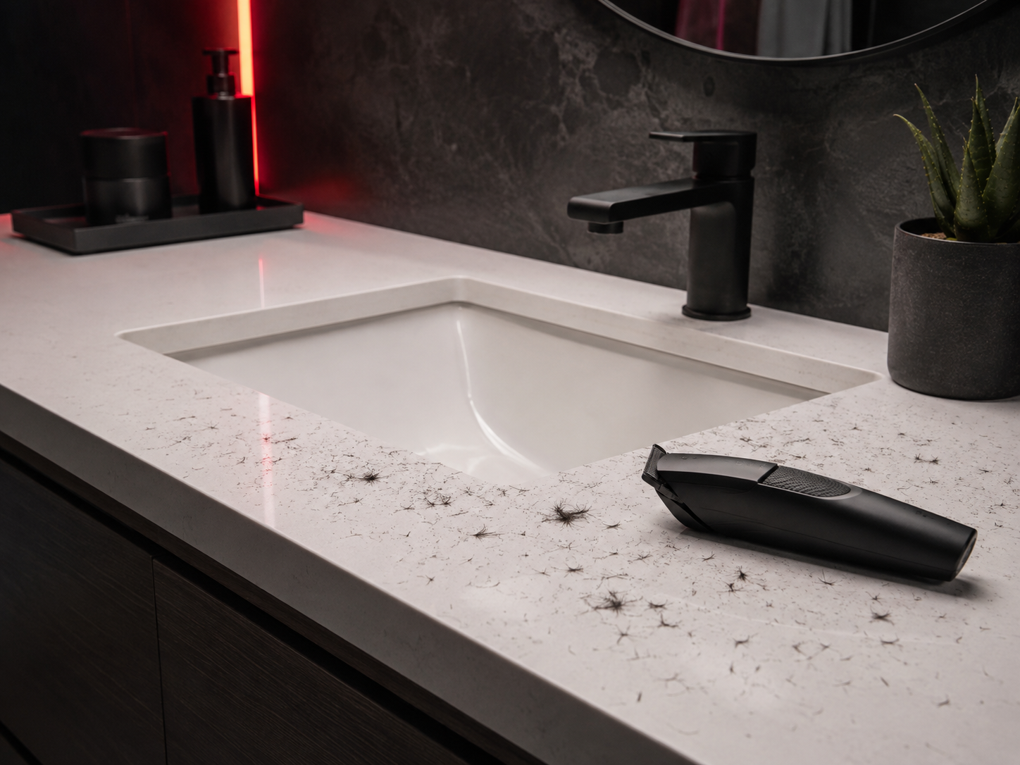 Bathroom counter and trimmer after a beard trim